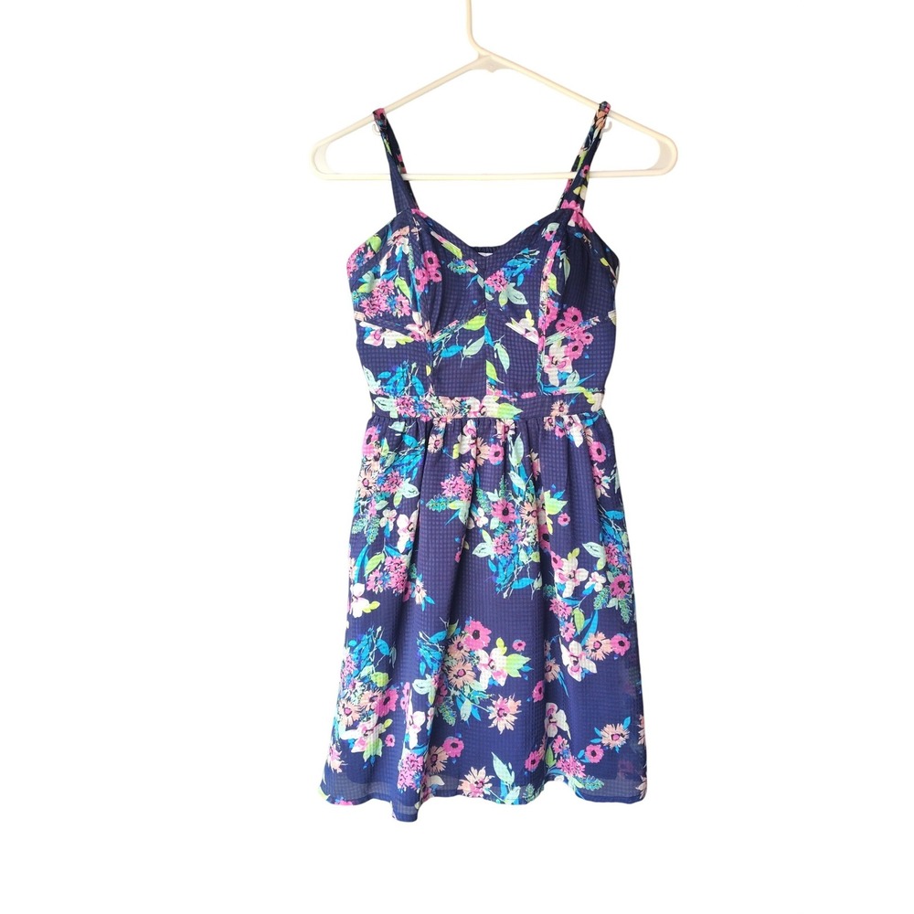 Candies Floral Sun Dress Navy‎ Blue Pink XS Smocked Back Sweetheart Neck Mini